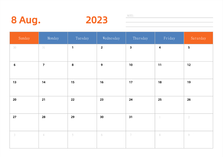 2023年日历台历 英文版 横向排版 周日开始